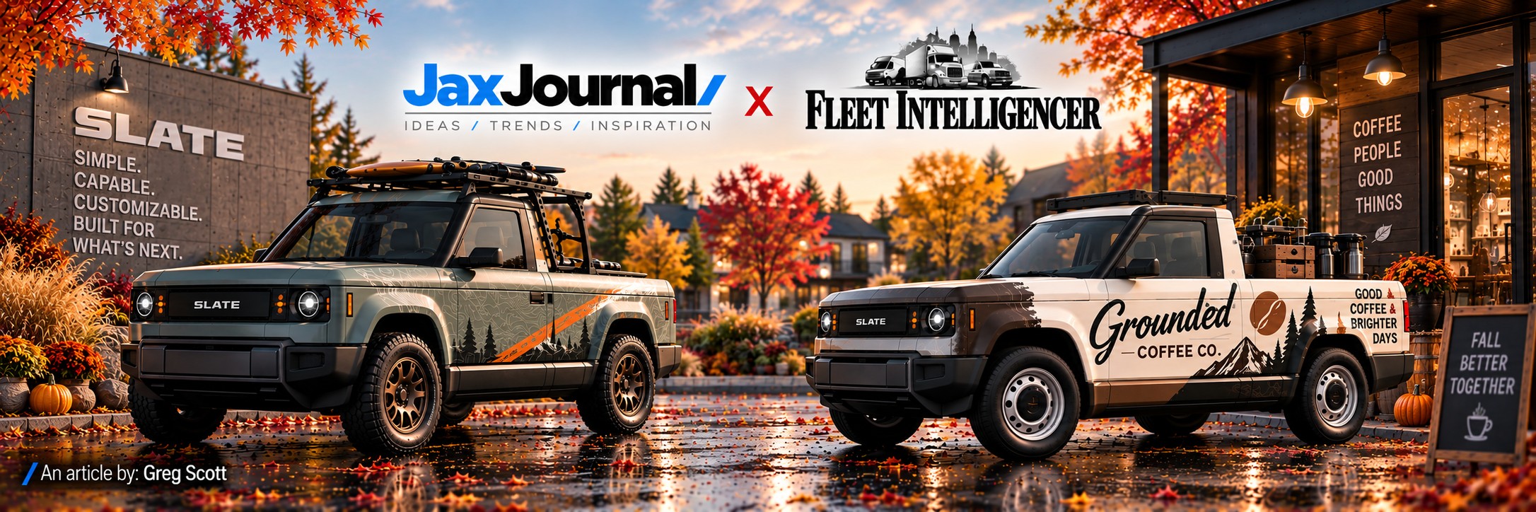 2 Slate trucks with vehicle wraps prominently featured. One is for personalization and the other for a business