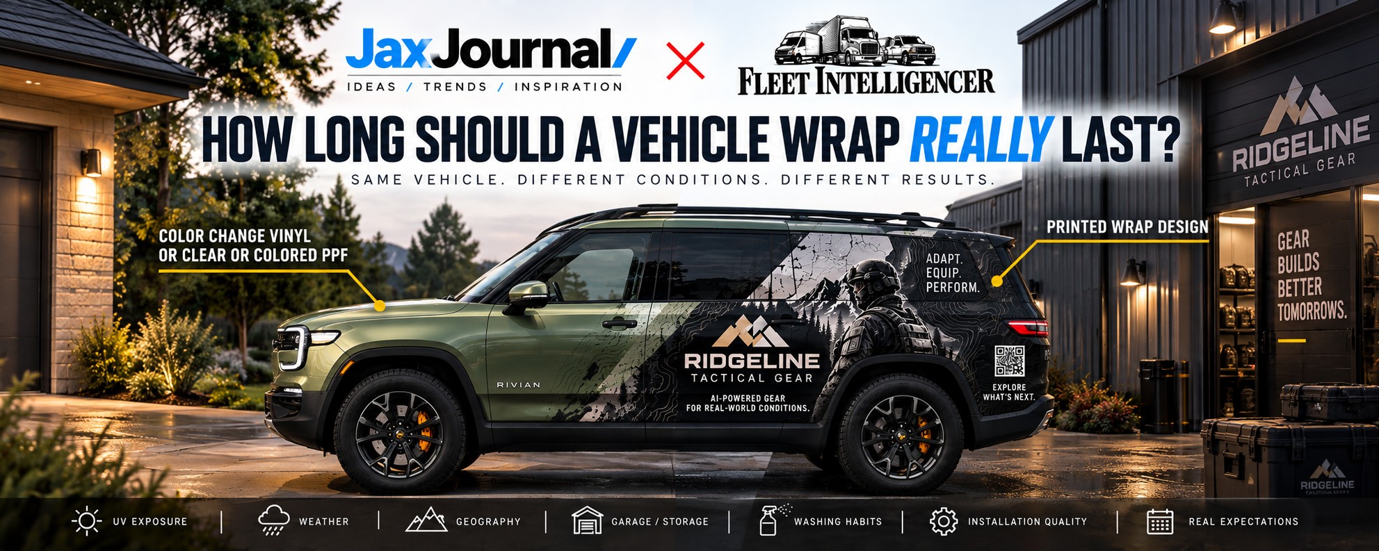 A Rivian parked in a driveway and a business how long will a wrap last