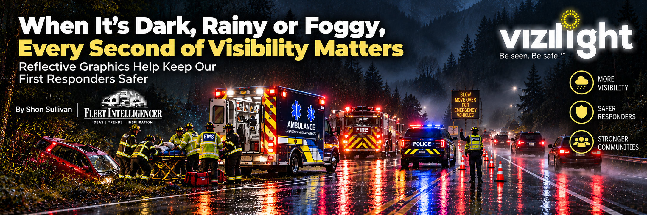 Rainy night with emergency response vehicle helping a car in the ditch