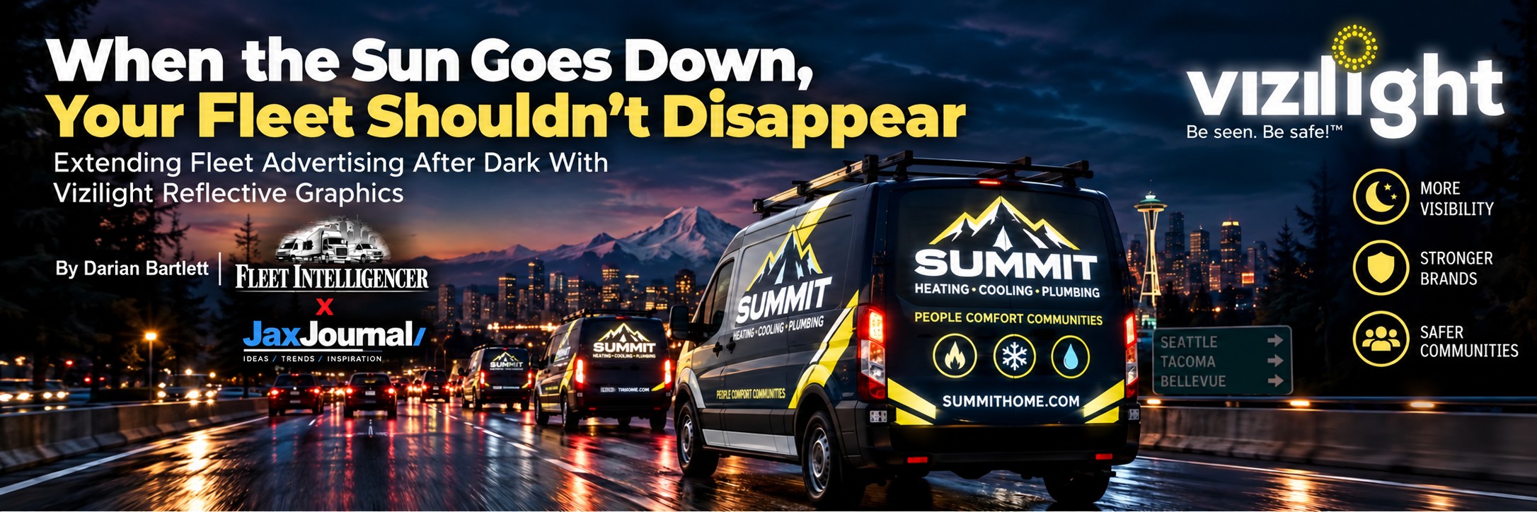 Fleet of Summit Heating vans featuring vizilight reflective graphics
